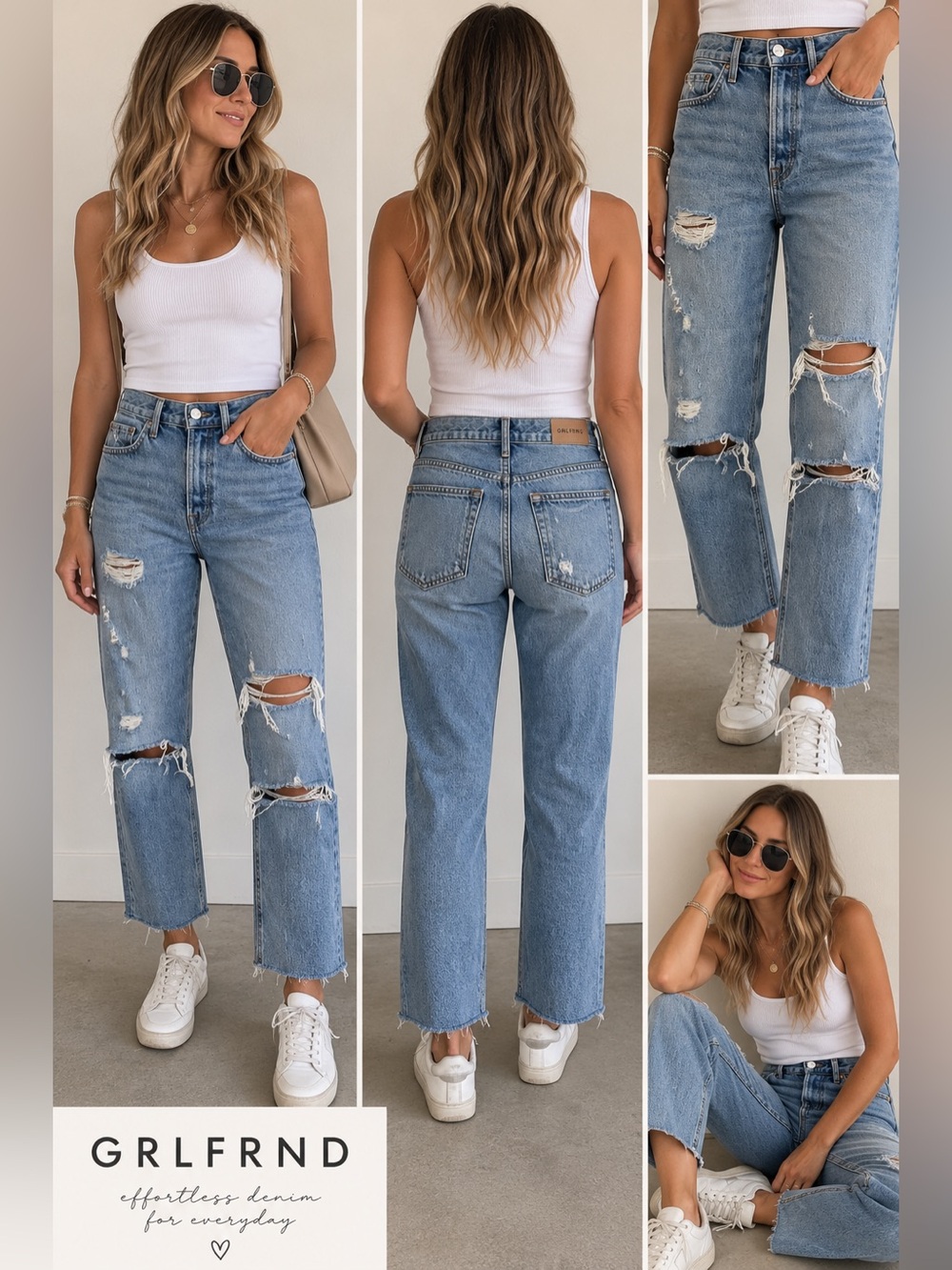 GRLFRND Karolina High Rise Distressed Jeans Size 28 Ripped Raw Hem 100% Cotton